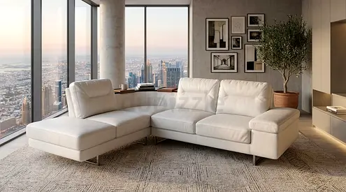 L-shaped white leather corner sofa — modern sectional with chaise