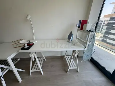 White folding trestle desk - long workspace, good condition
