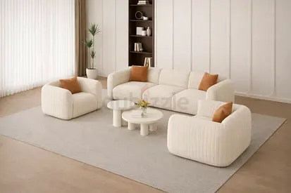 Cream Curved 3-Seater Sofa with Matching Armchairs - Modern Upholstered set