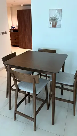 Compact Wooden High Dining Table with 4 Stools - Dark Brown