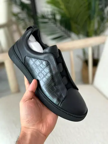 Zegna Black Leather Mens Casual Sneakers — Size 40 to 47