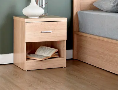 Two Light Oak Bedside Nightstand with Drawer and Shelf. 150 AED for 2