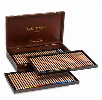CARAN DACHE LUMINANCE 6901 76+4 COLOURED PENCILS WOODEN BOX SET OF 84