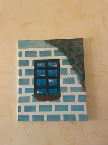 Hand-painted wall art featuring blue window and brick pattern