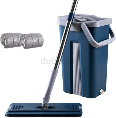 Flat Mop  Bucket Set with Wringer – Long Handle Floor  Window Cleaning System, 2 Pads Grey/Blue