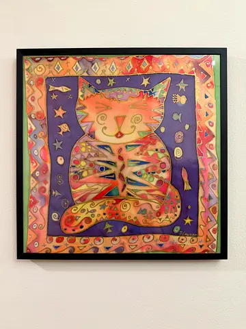 Framed Colorful Abstract Cat Artwork - Ready to Hang ( Hand Painted On Silk)