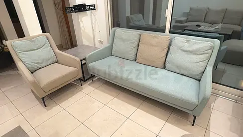 Light blue 3-seater sofa with matching armchair - good condition