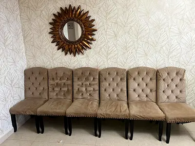 Set of 6 Tufted Dining Chairs - Beige Upholstery with Dark Wood Legs