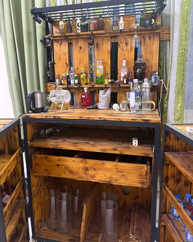 Solid Wood Rustic Home Bar Cabinet with Shelves and Drawer