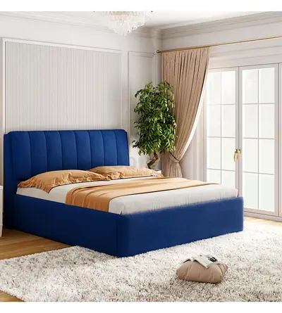 King Size Upholstered Blue Fabric Bed with Headboard - Good Condition