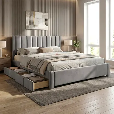 Grey Upholstered King Size Bed with Storage Drawers