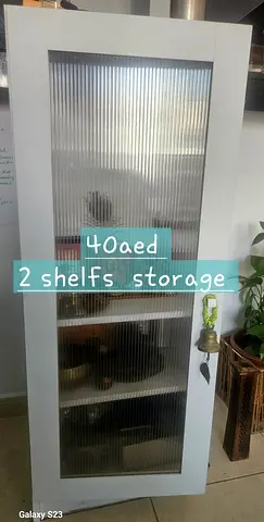 White freestanding storage cabinet with ribbed glass door - 2 adjustible shelves