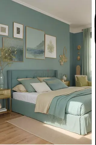 Upholstered Double Bed with Headboard in Seafoam Green