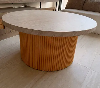 Round Ribbed Base Coffee Table with Light Wood Top