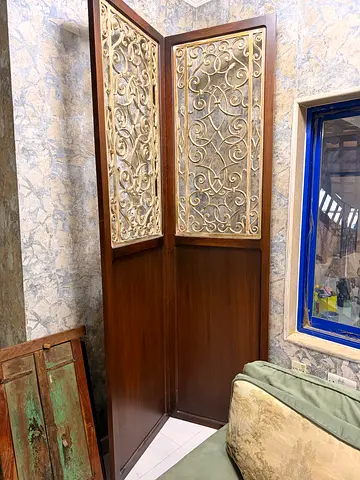 Wooden Room Divider Screen with Decorative Metal Panels - Solid Finish