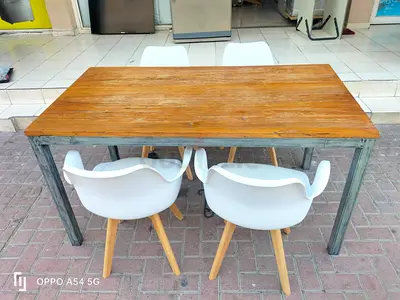 Wooden Dining Table with 4 Modern White Chairs - Solid Top, Rustic Legs