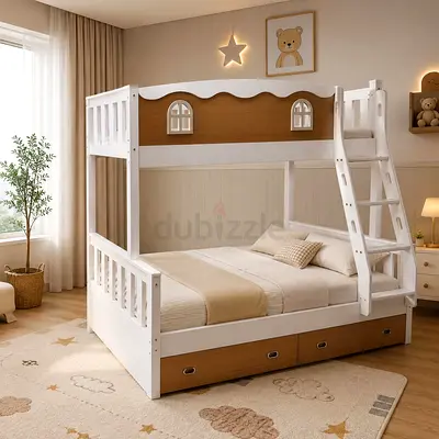 Wooden White  Oak Bunk Bed with Storage Drawers - Twin over Full up-90x190 Down-120x190