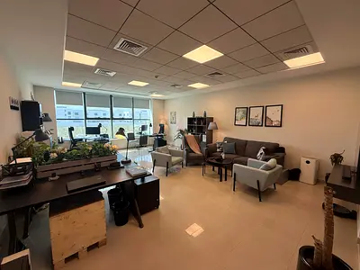 Fully Furnished Office Lounge Set — Sofa, Armchairs  Coffee Tables - 4 Desks - lights.