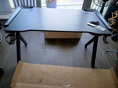 Black gaming/office computer desk with cup holder and headset hook - like new
