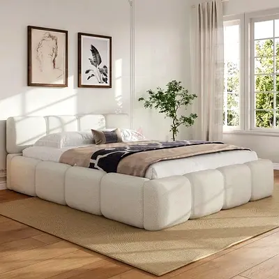 Modern Upholstered Platform Bed with Padded Frame (Cream)