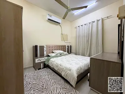 Furnished one-bedroom apartment for rent in Ajman, Al Rumaila 2, next to Sara Hotel. Clean and tidy furnishings included. All bills and interneti