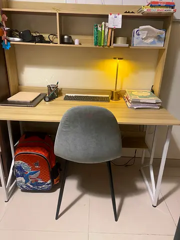 Wooden Study Desk with Shelves and Velvet Chair - Light Oak