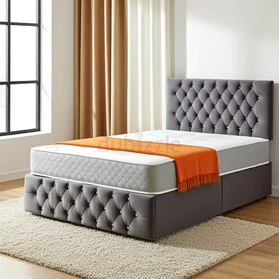 Grey Upholstered Bed with Button-Tufted Headboard and Storage Base - Single/Small Double