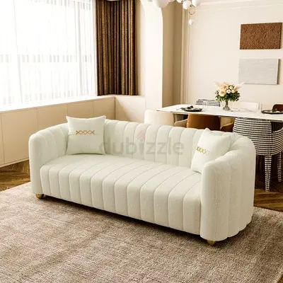 Cream Channel Tufted 3-Seater Sofa - Modern Curved Design