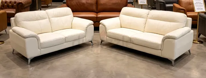 Set of Two Cream Leather Sofas — 2-seater and 3-seater, Good Condition