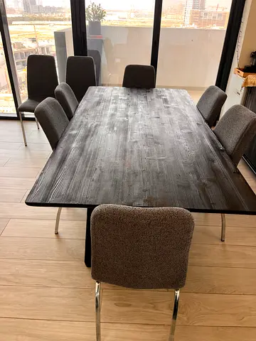 Crate and Barrel Solid wood dining table with 8 upholstered chairs - great condition