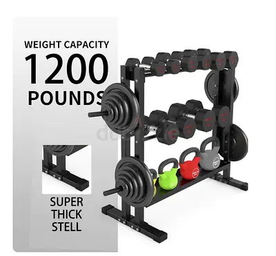 Compact 3-Tier Home Dumbbell  Weight Rack — Holds Plates, Kettlebells (1200 lb capacity)