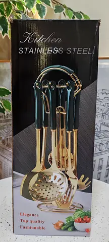 Stainless Steel Kitchen Utensil Set with Stand (Gold/Green) - New in Box