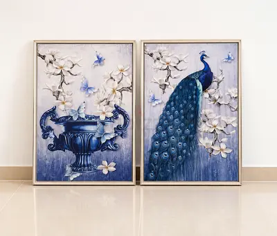 Pair of Framed Peacock Floral Wall Art Prints