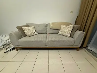 3-Seater Light Grey Fabric Sofa with Cushions - Excellent Condition