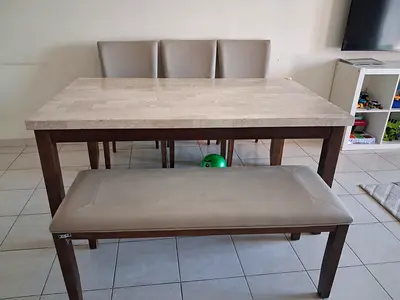 Marble Top Dining Table with Bench and 3 Chairs - Good Condition