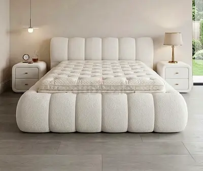 New Modern Curved Upholstered king size Bed with Padded Headboard - Cream