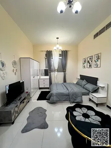 Luxurious fully furnished studio with a semi-separate kitchen and a view ✨ Ajman Al Hamidiya. For monthly rent.