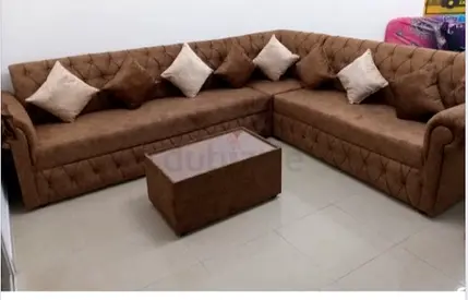 L-shaped Brown Tufted Fabric sofa  with Ottoman -