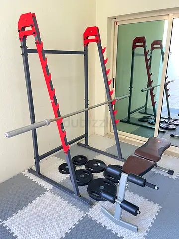 Imported from UK, weight rack, Olympic barbell, total of 60 kg weight, and adjustable bench
