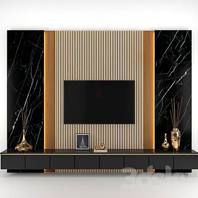 Modern Black Marble  Wood TV Entertainment Unit