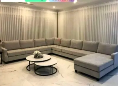8 seater’s Large L-shaped Grey Fabric Sectional Sofa with Ottoman