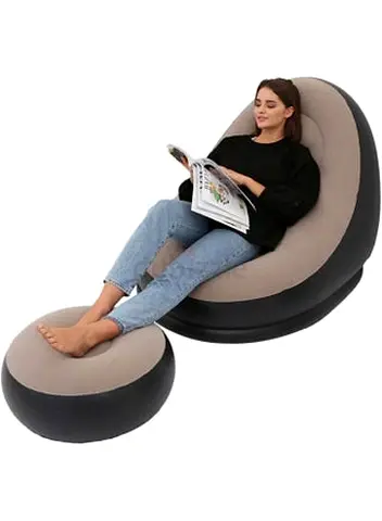 Comfortable Round Lounge Bean Bag Chair with Ottoman - Beige/Black