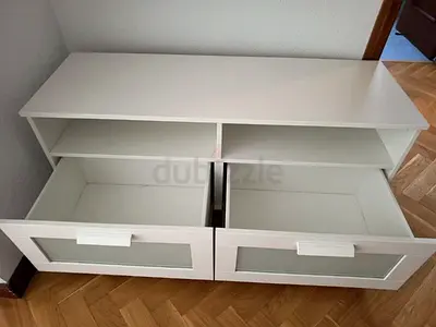 White TV Stand with Two Drawers and Open Shelves