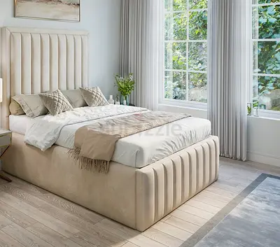 Beige Upholstered King Bed Frame with Padded Headboard