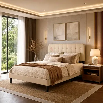 Round corner button tufted headboard queen platform bed