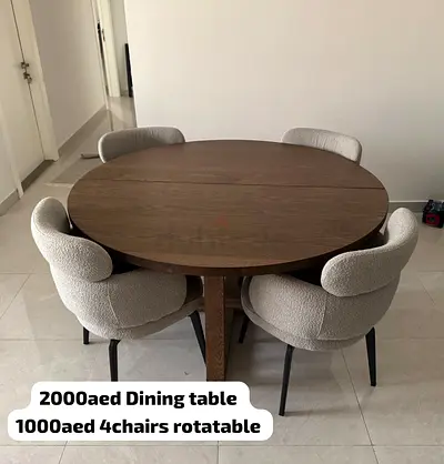 Ikea Round Solid Wood Dining Table with 4 Upholstered Swivel Chairs rotatable free delivery