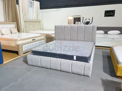 Modern Upholstered Double Bed with Headboard - Light Grey