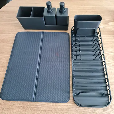 Compact black kitchen dish rack set with utensil holder and drying mat