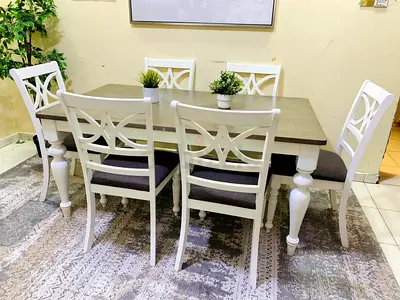 Solid Wood 6-Seater Dining Table Set with Cushioned Chairs - White  Oak Finish