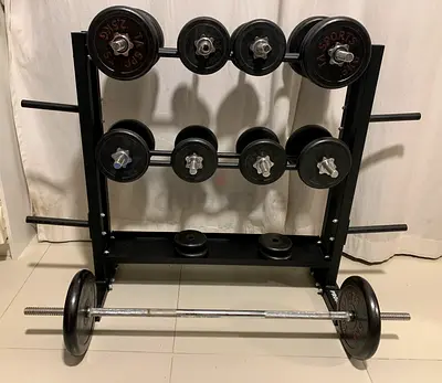 51kg Weights Set + 1 Barbell + 8 Dumbbell Handles + Rack | Home Gym